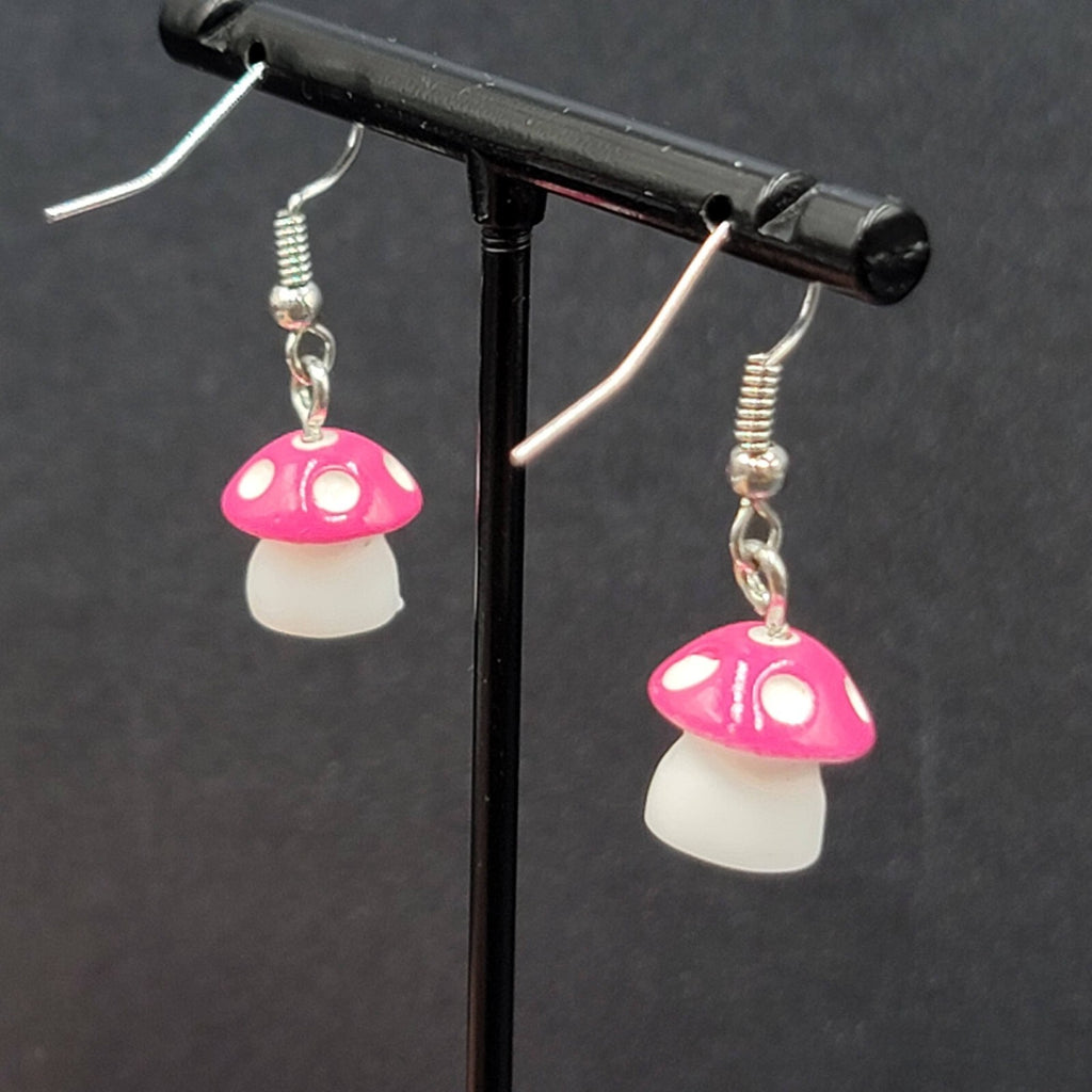 Pink Mushroom Pierced Earrings White Polka Dots Dangle 5/8"