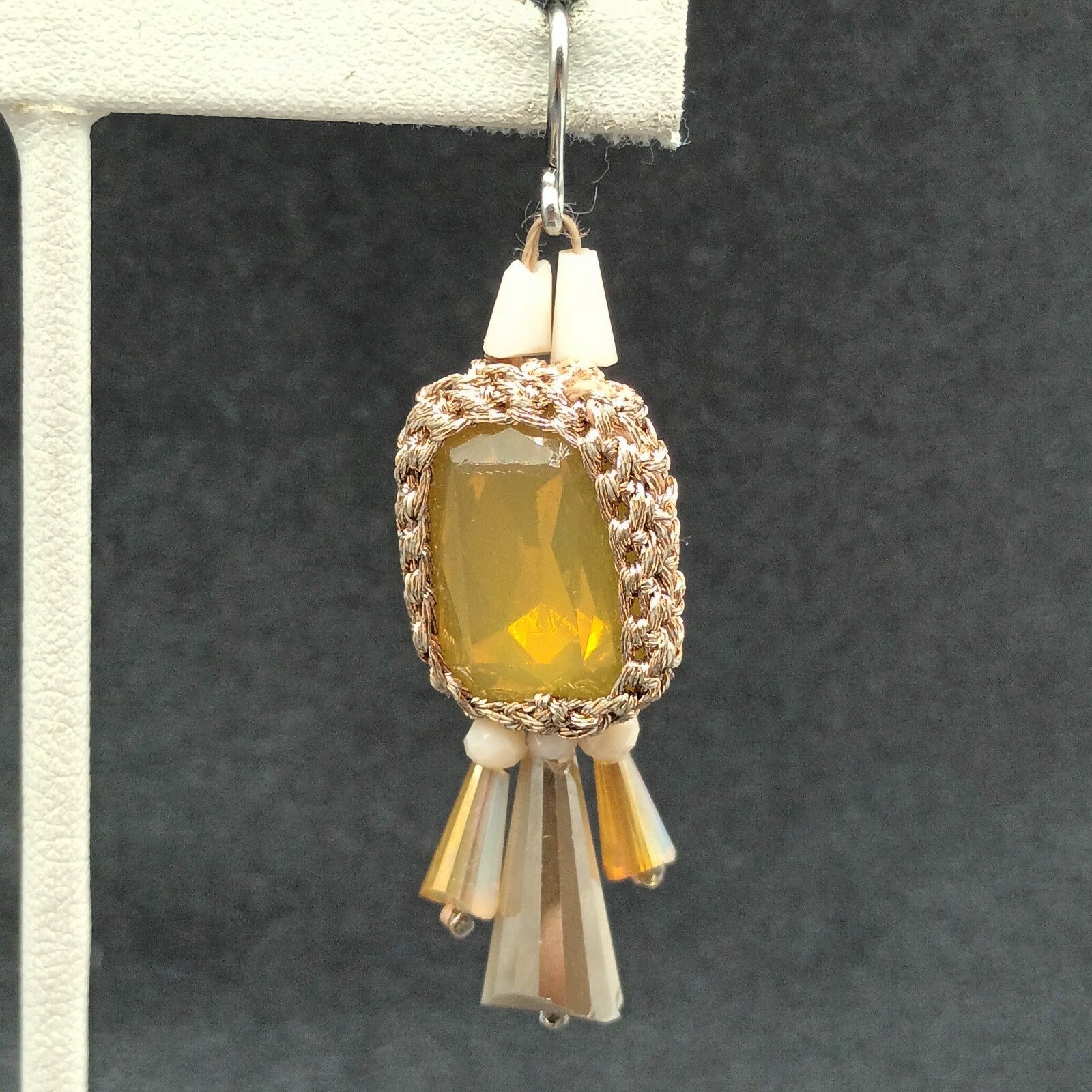 Pierced Earrings Gold tone Mesh Wrapped Yellow Faceted Acrylic Dangle 1 3/4"