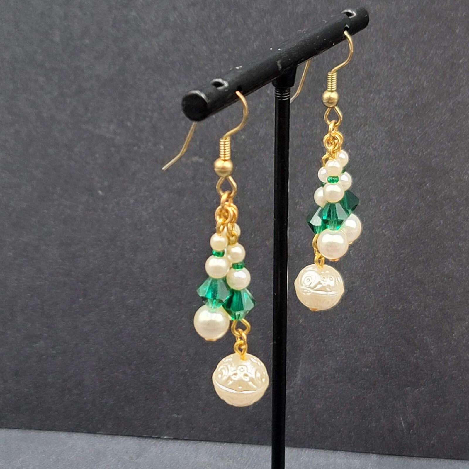 Vintage Pierced Earrings Faux Pearl Green Crystal Beads Dangle 1.5"