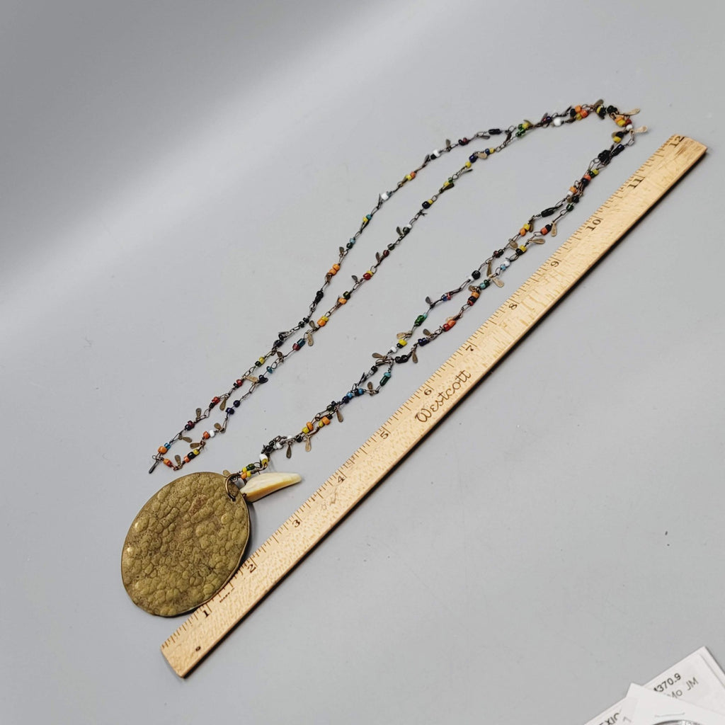 Artisan Multicolor Seed Beads Large Brass Pendant Necklace Long 42 in