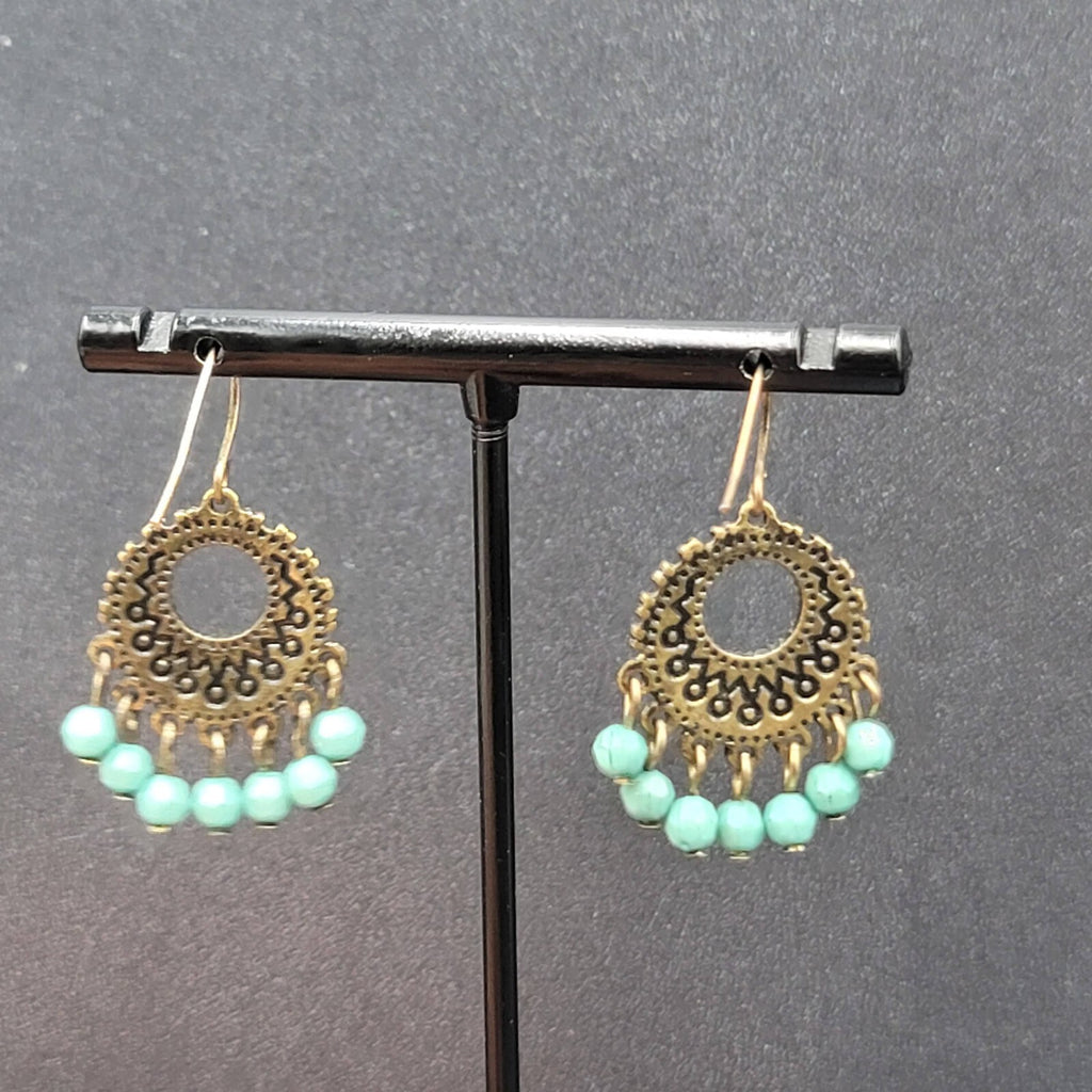 Pierced Earrings Bronze tone Blue Bead Medallion 1"