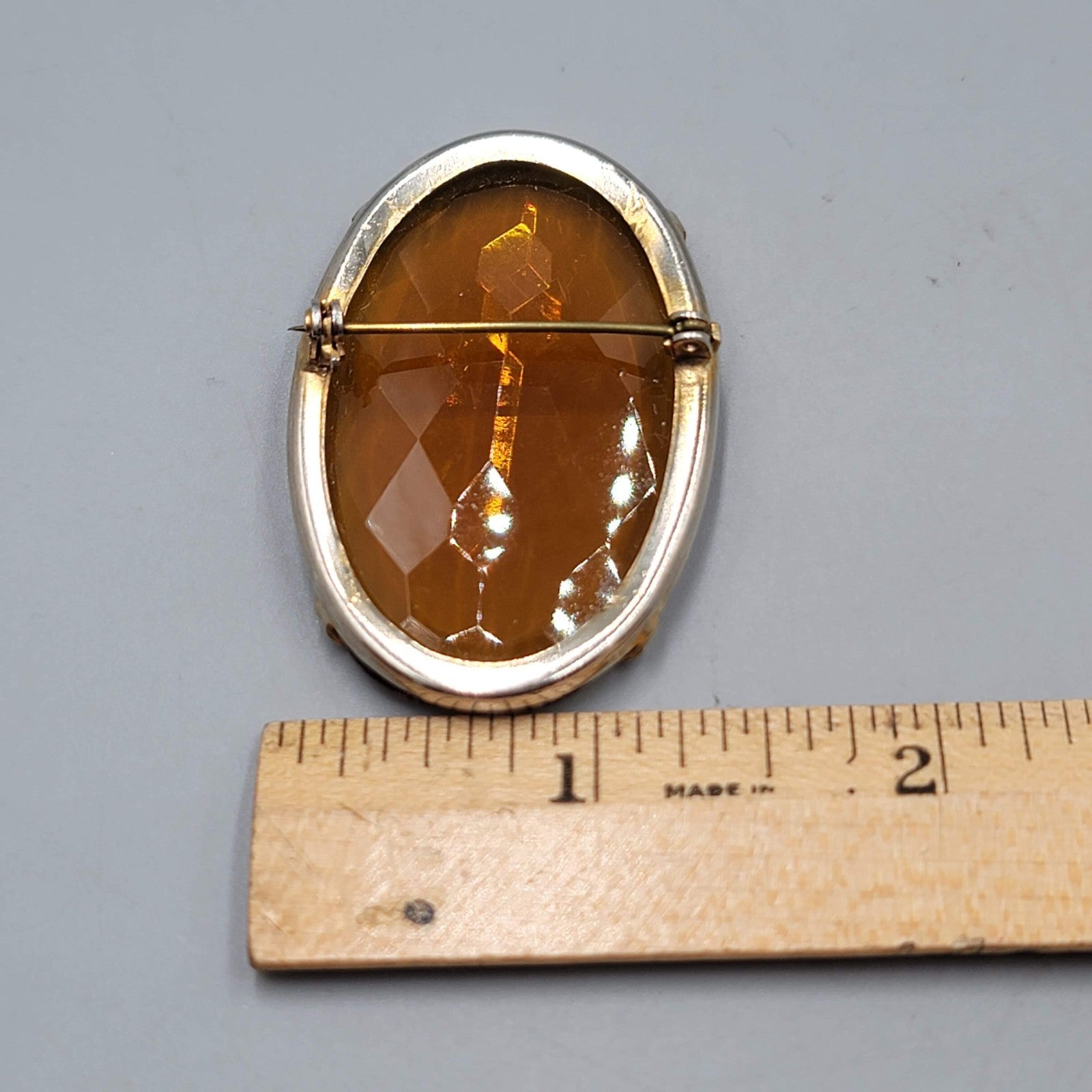 Vintage Large Topaz Yellow Orange Faceted Brooch 2" x 1.25"