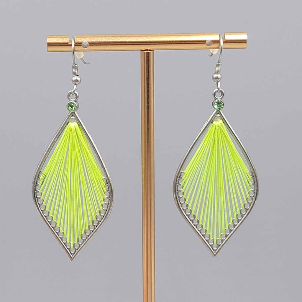 Neon Green String Art Pierced Earrings Silver tone Dangle 2.25 in