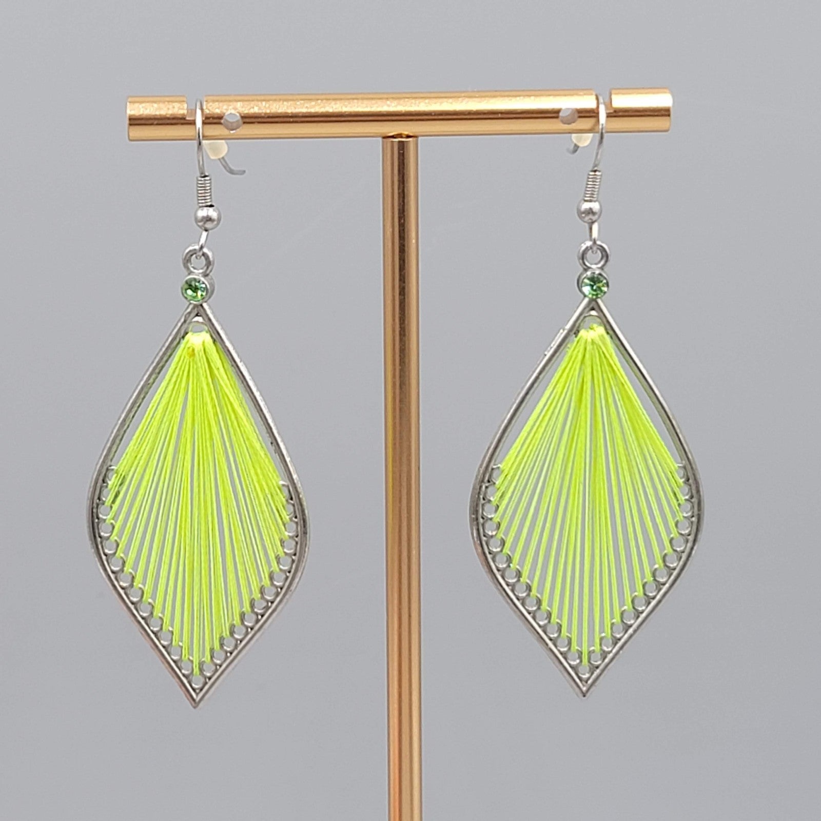 Neon Green String Art Pierced Earrings Silver tone Dangle 2.25 in