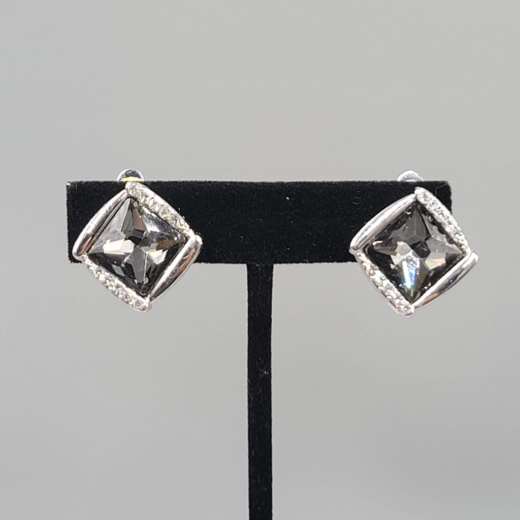 Smokey Gray Square Rhinestone Clip on Earrings Silver tone Stud 7/8"