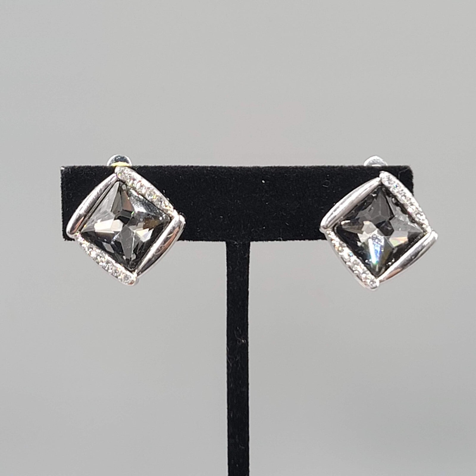 Smokey Gray Square Rhinestone Clip on Earrings Silver tone Stud 7/8"