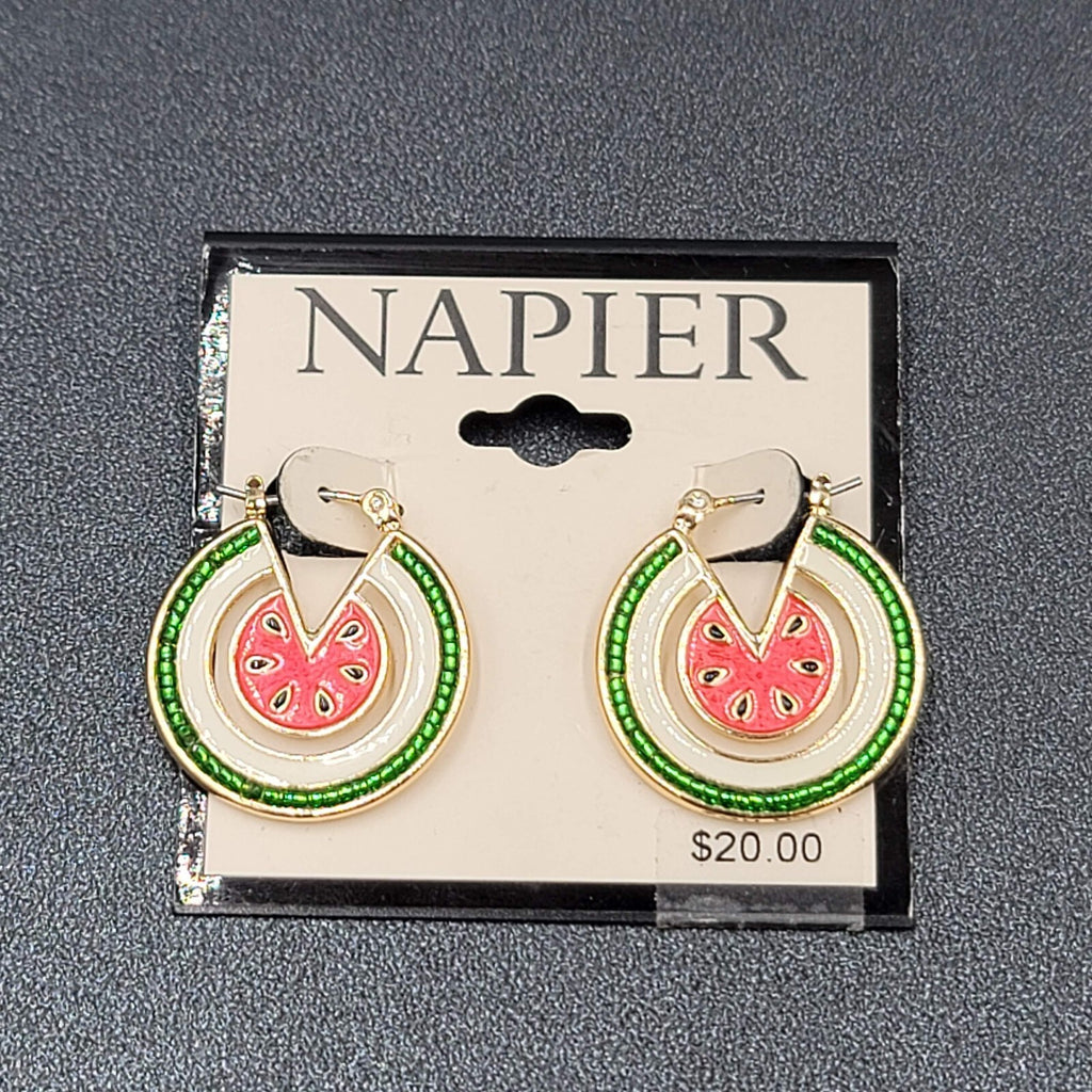 Vintage Napier Pierced Earrings Watermelon Hoops Gold tone Enamel 1" 
