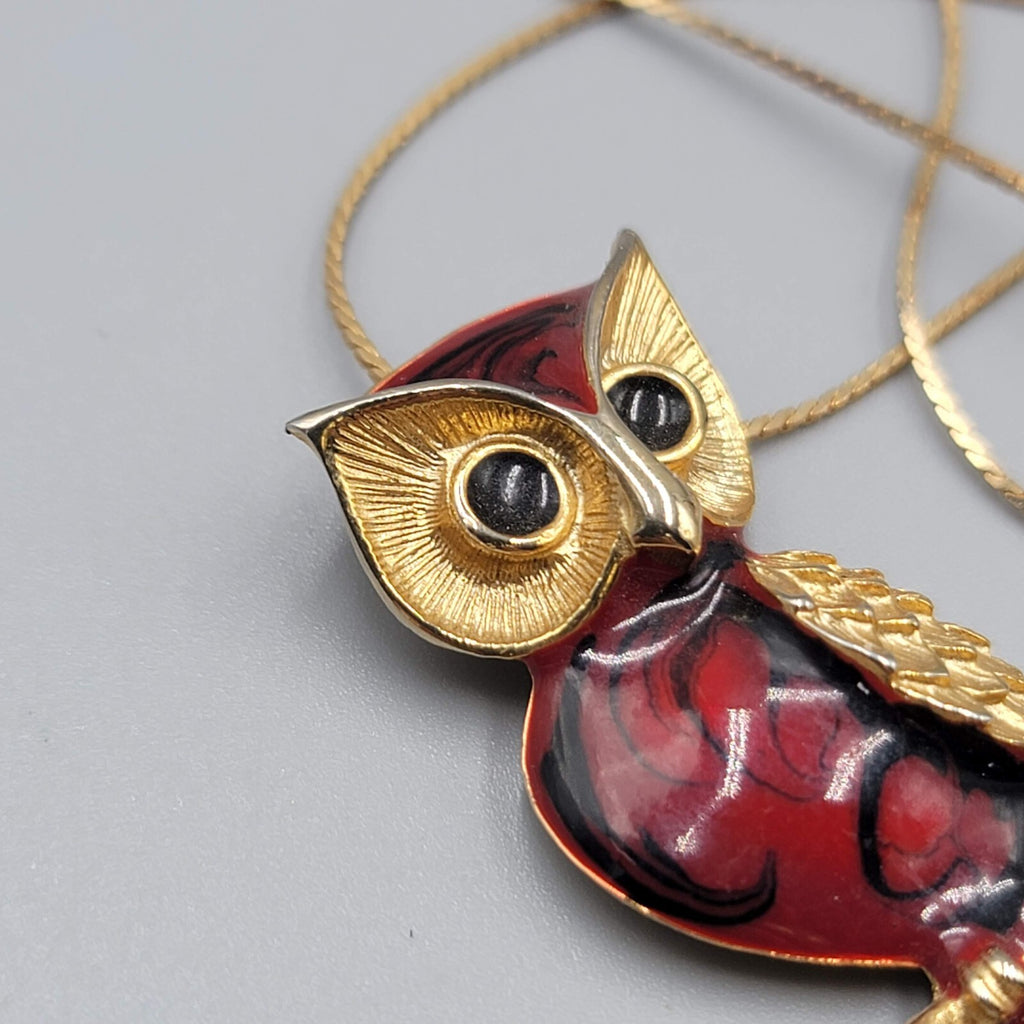Vintage Red Enamel Owl Pendant Necklace Gold Tone Mid Century Jewelry 16"