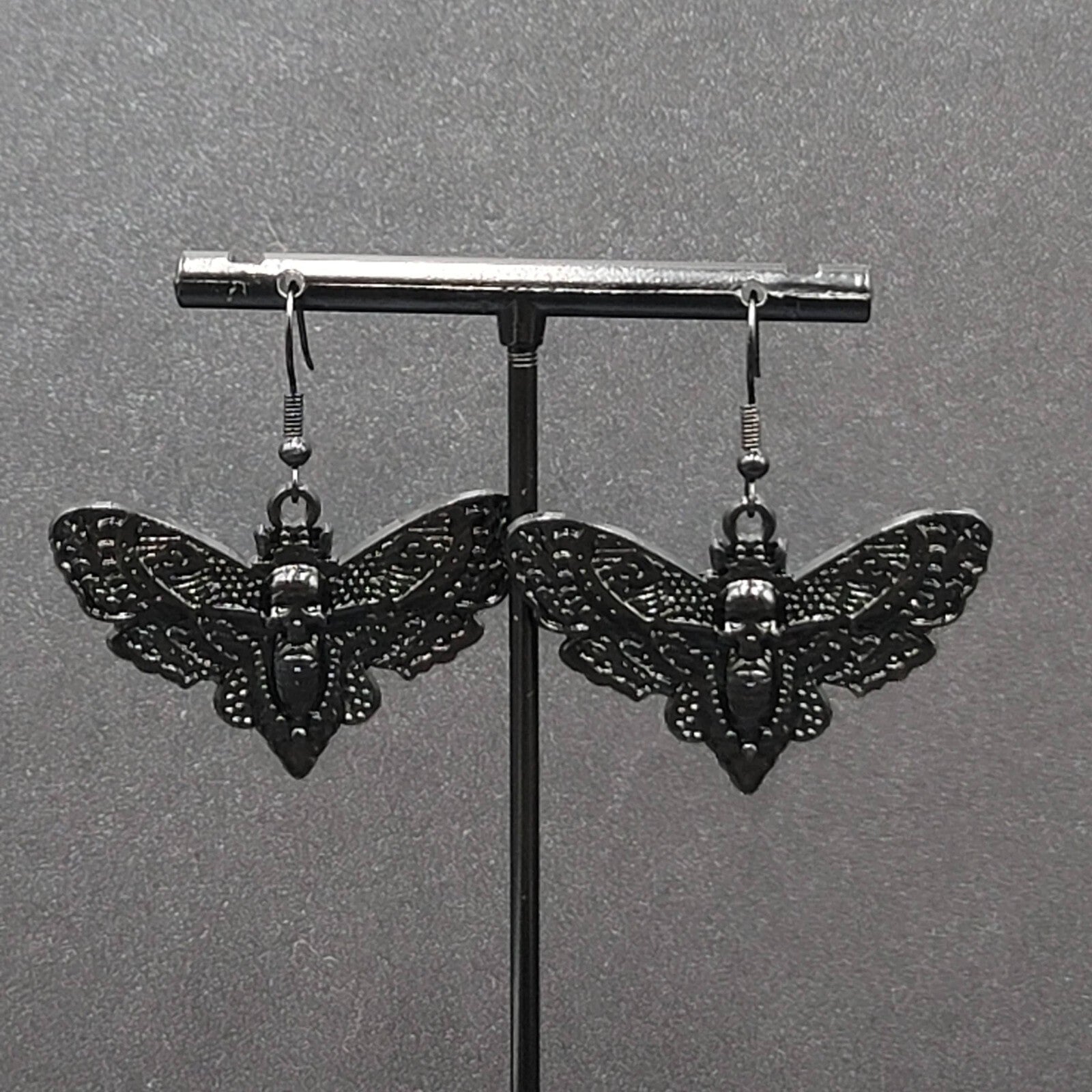 Death Head Moth Pierced Earrings Black Enamel Dangle 1" x 1 5/8" 