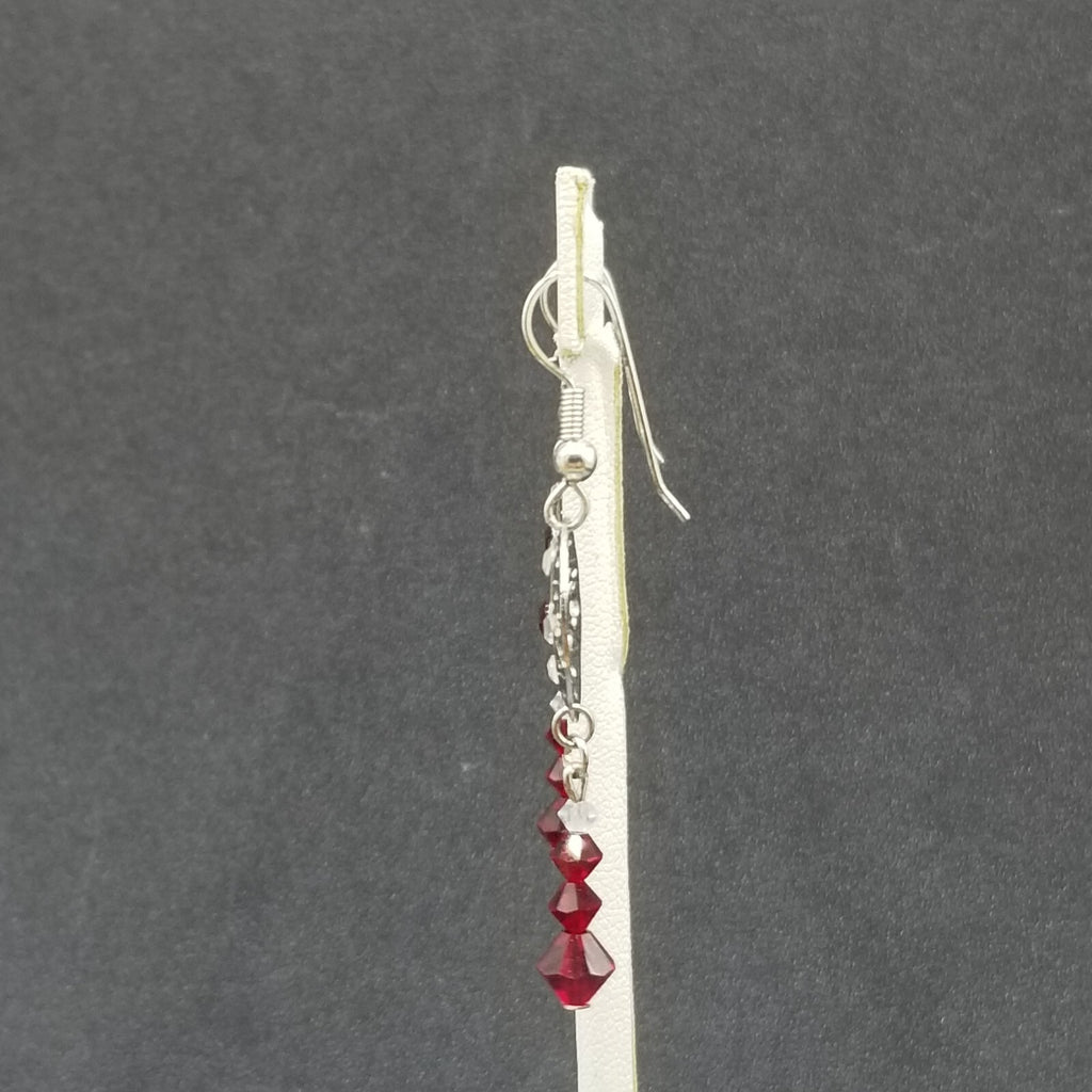 Pierced Earrings Silver tone Open Work Red Crystal Bead Statement Dangle 1 1/2"