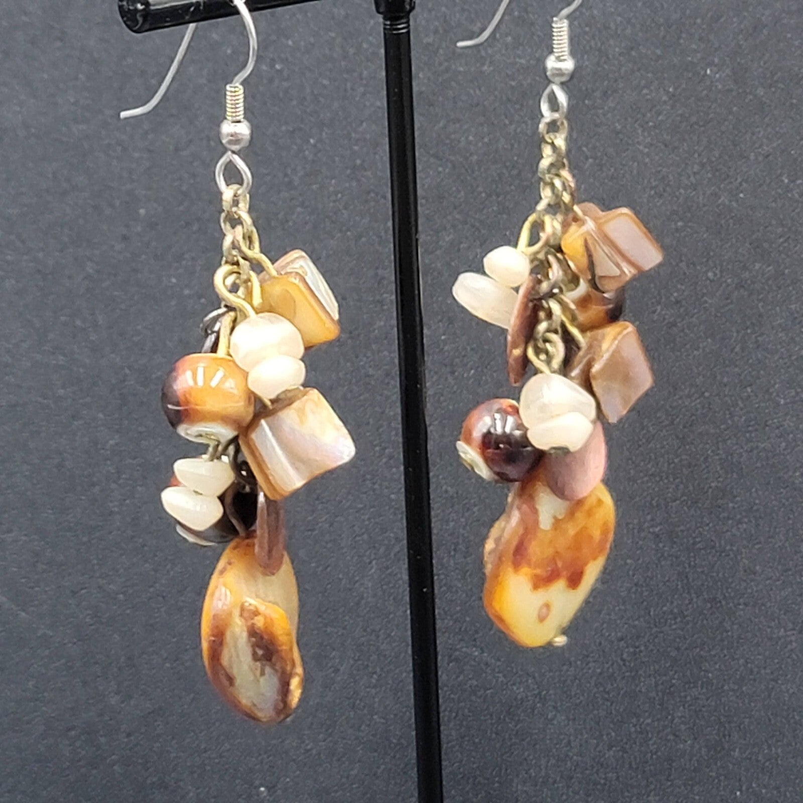 Pierced Earrings Brown Earth Tones Cluster Bead Shells 2.25"