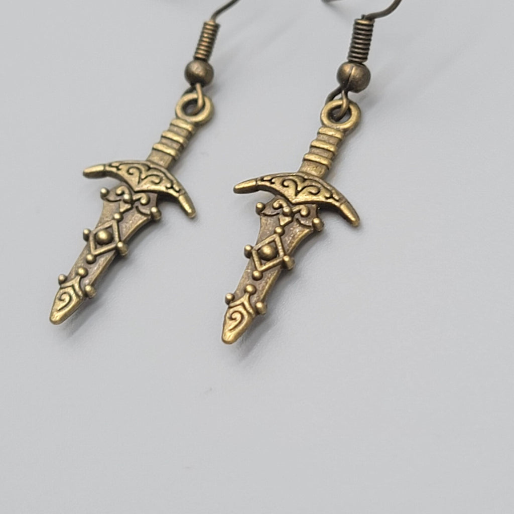 Fancy Embossed Dagger Pierced Earrings Bronze tone Dangle New 1"