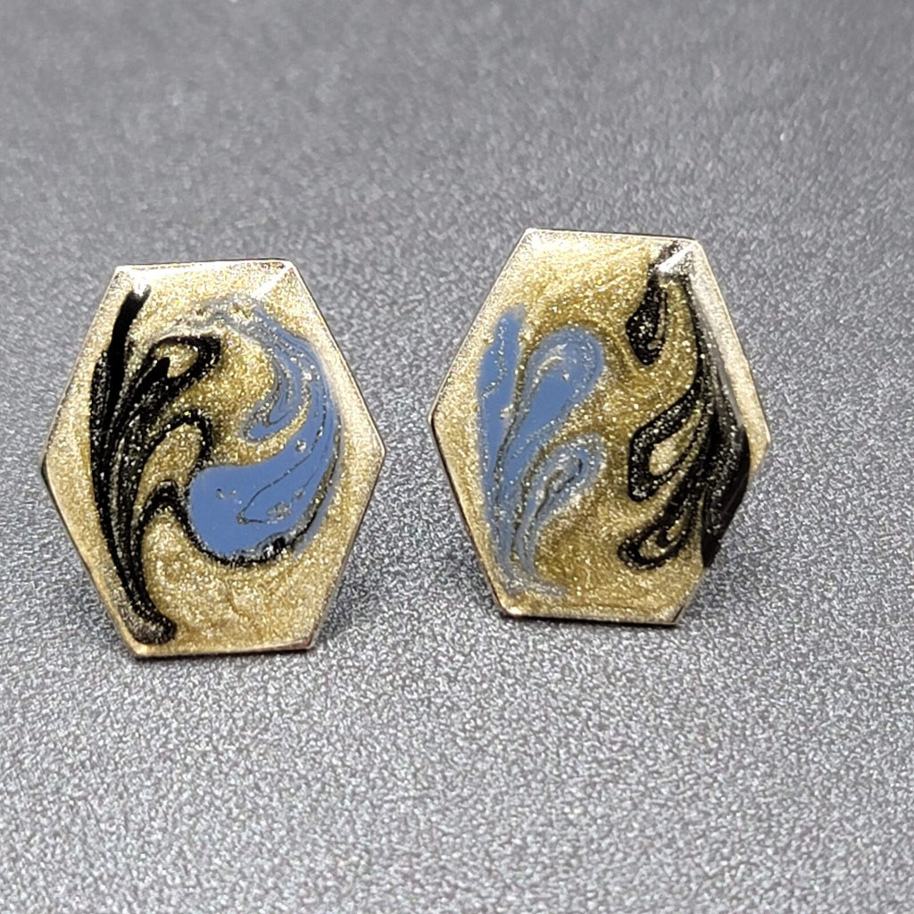 Vintage Pierced Earrings Blue Black Enamel Silver tone Drop 7/8"