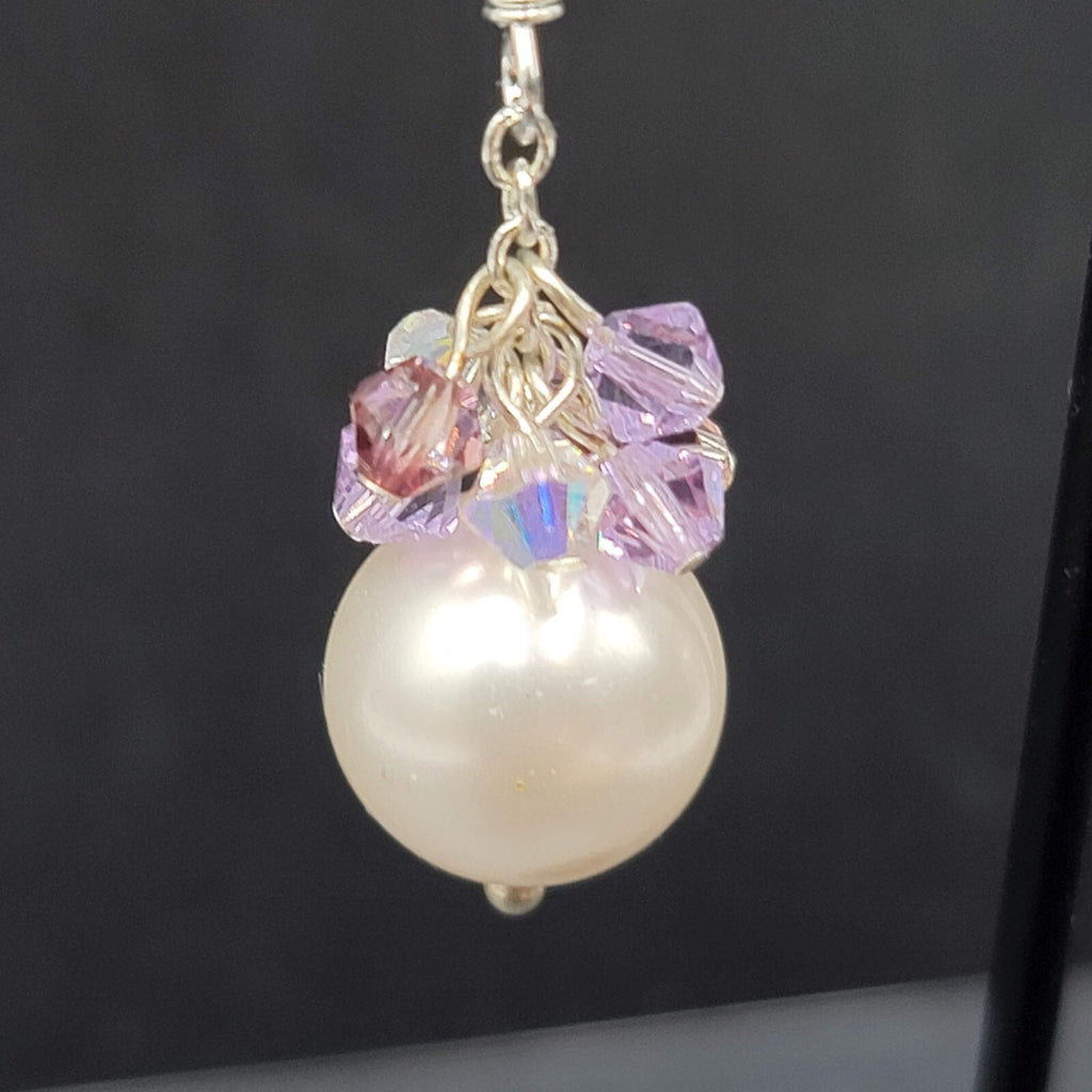 Pierced Earrings Purple Crystal Faux Pearl Beaded Dangle 1"