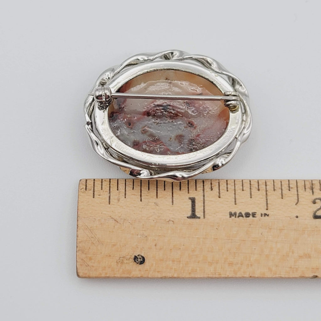 Vintage Natural Stone Lace Agate Brooch Silver Tone Pin 1.25 in