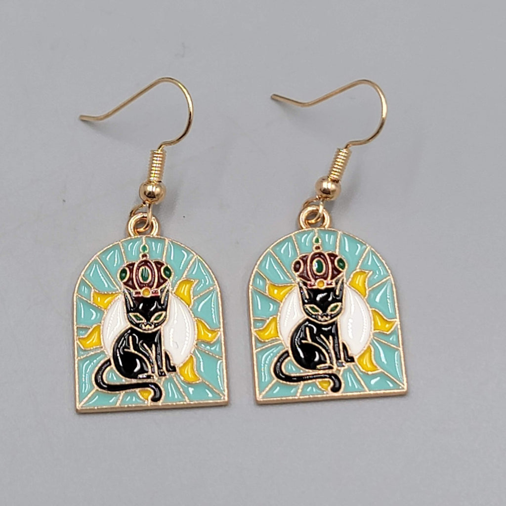 Kitty Cat in the Sun Enamel Pierced Earrings Gold tone Dangle 1 1/8"