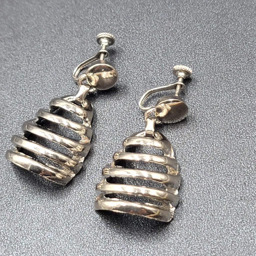 Vintage Clip on Earrings Silver tone Dangle Statement 1 7/8"