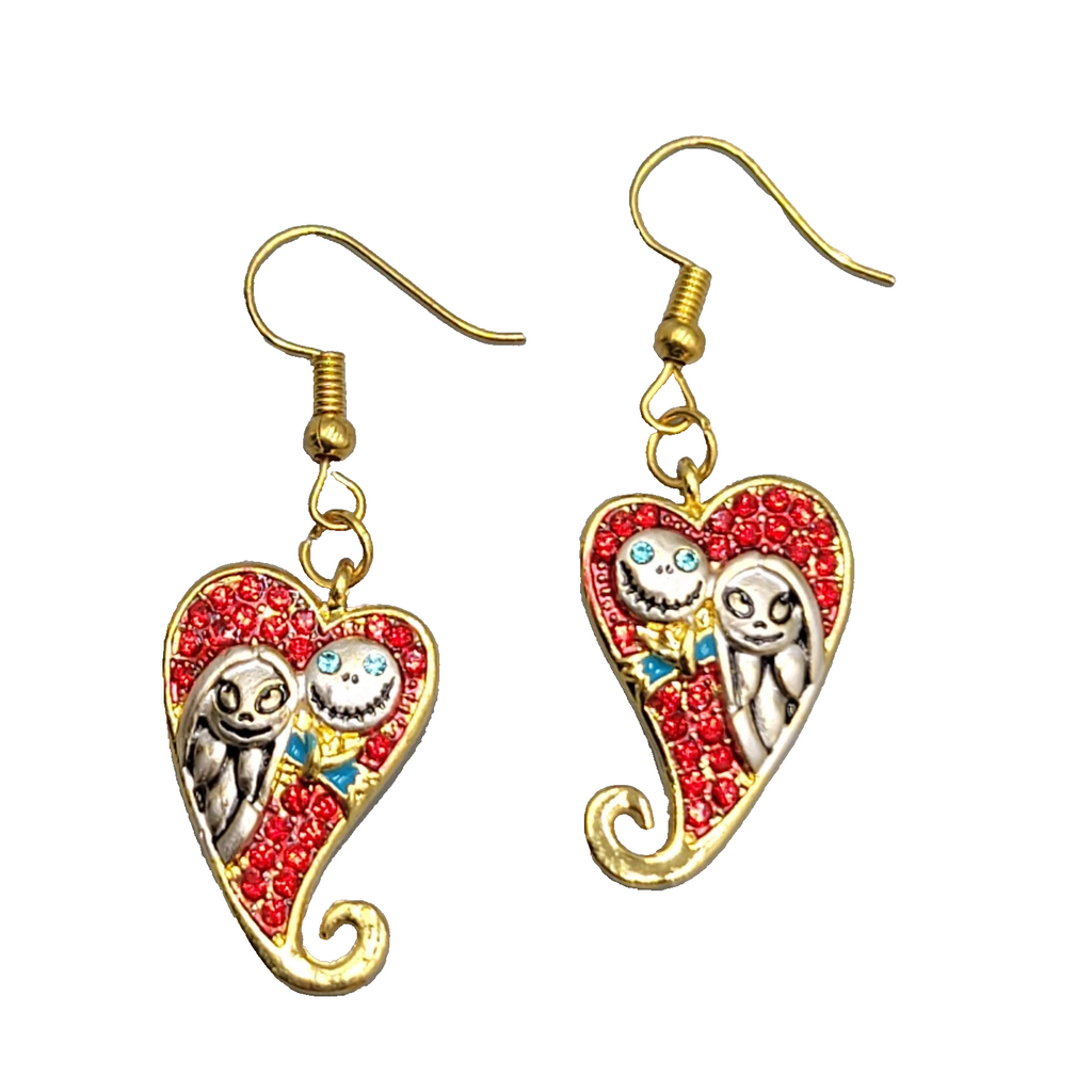 Red Heart Jack Sally Pierced Earrings Gold tone Dangle  1 1/8"