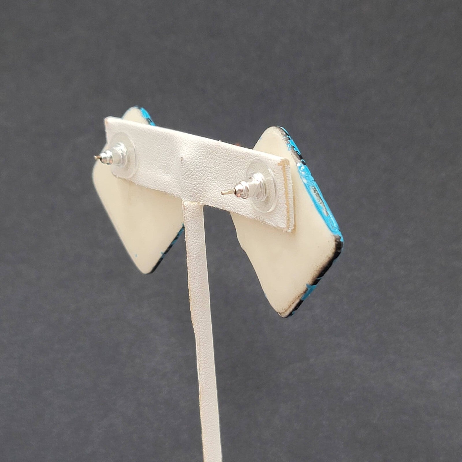 Vintage Pierced Earrings Acrylic Black Blue Enamel Statement Square Drop 1 1/8"