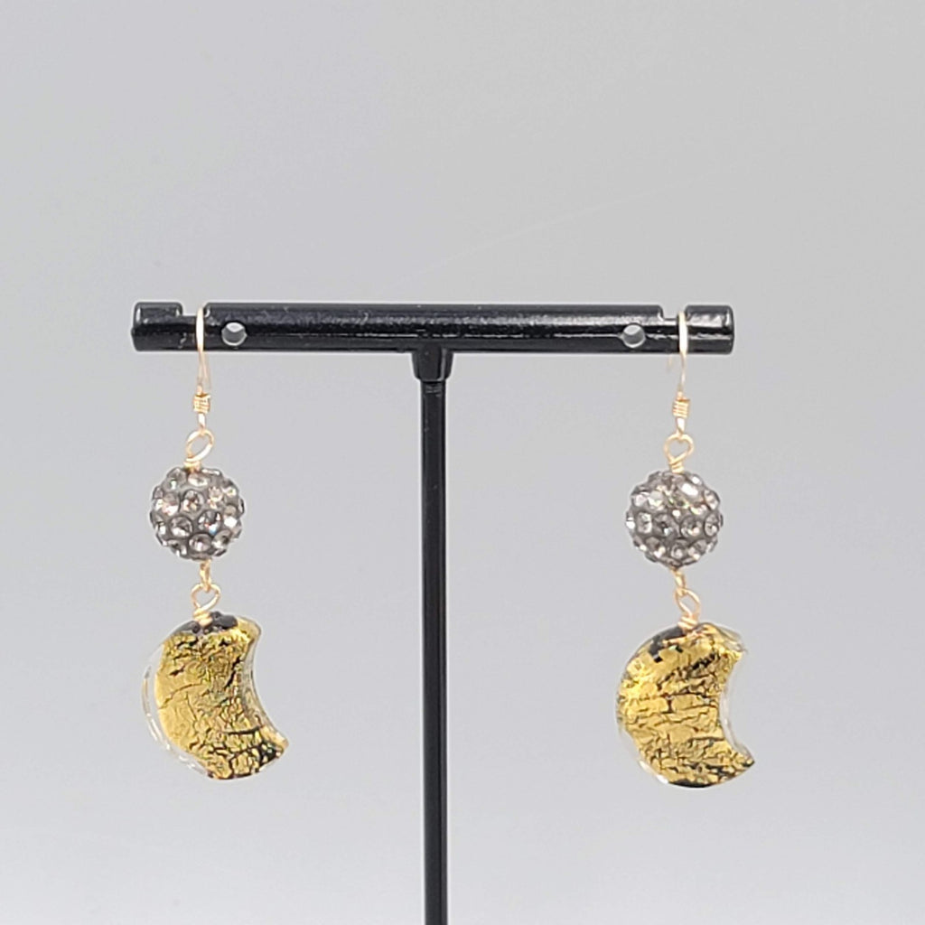 Dichroic Glass Moon Pierced Earrings Gold tone Rhinestone Dangle 1.5"