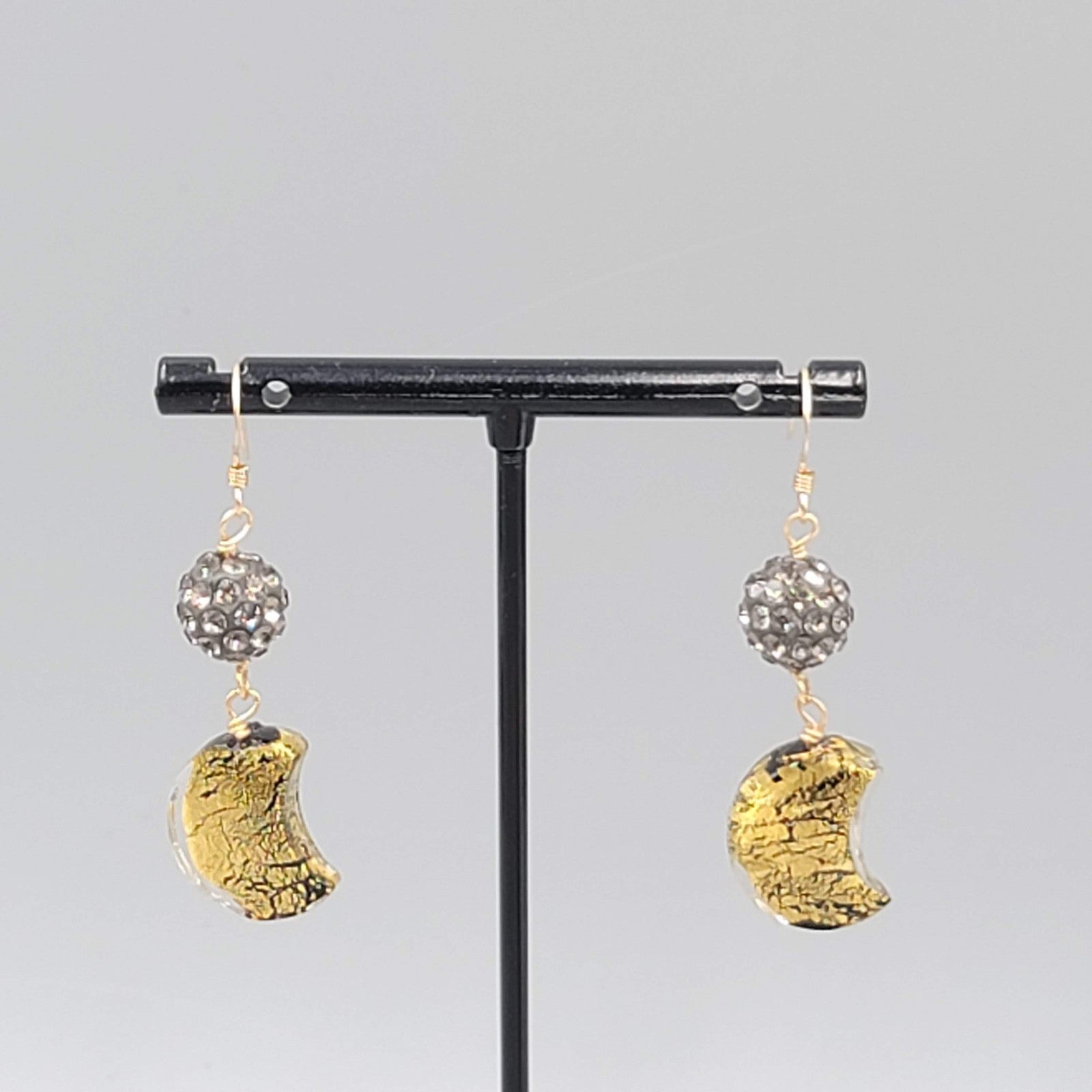 Dichroic Glass Moon Pierced Earrings Gold tone Rhinestone Dangle 1.5"