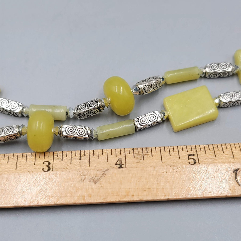Artisan Light Green Stone Bead Boho Necklace Silver tone 18"