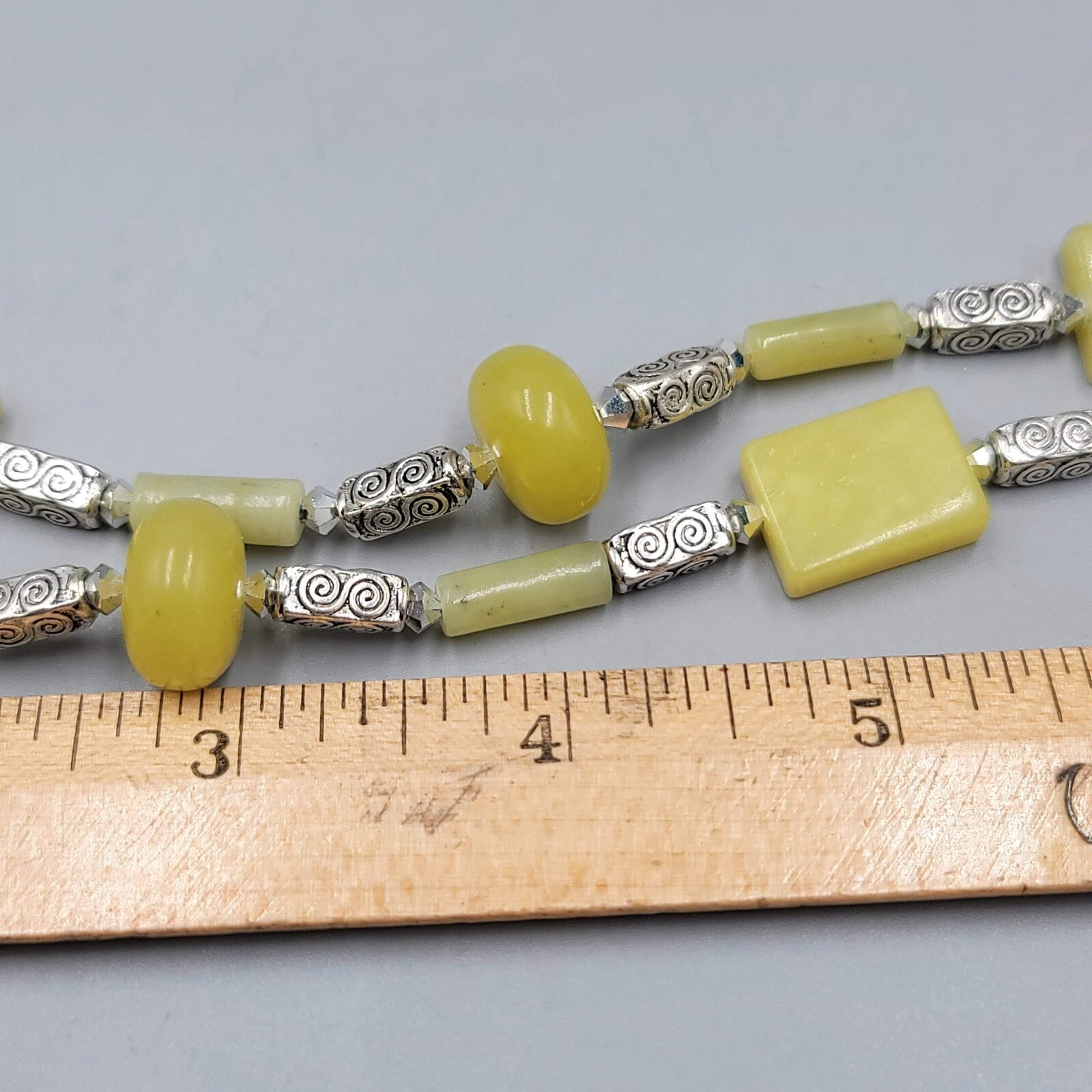 Artisan Light Green Stone Bead Boho Necklace Silver tone 18"