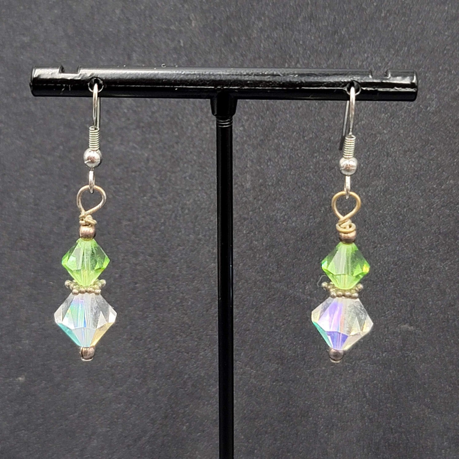 Pierced Earrings Silver toneGreen AB Bicone Christal Beads Dangle  1 1/8"