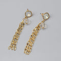 Gold tone Dangle Chains Pierced Earrings Translucent Rhinestone 2.5"