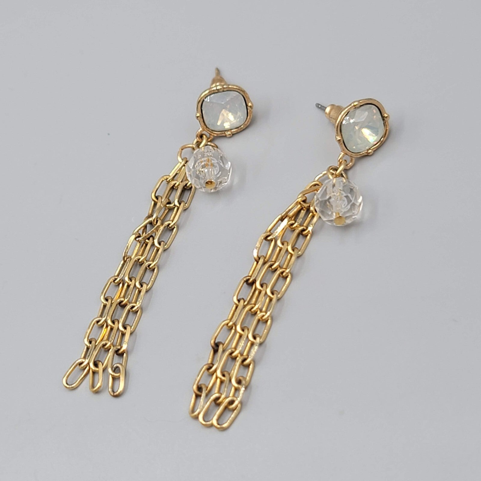 Gold tone Dangle Chains Pierced Earrings Translucent Rhinestone 2.5"