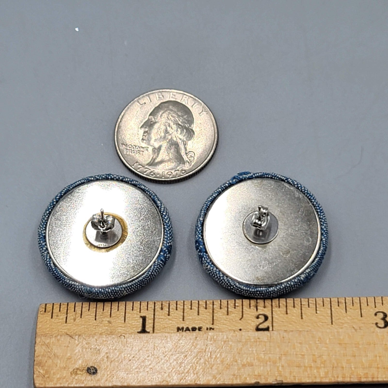 Vintage Round Denim Pierced Earrings 1 1/8"