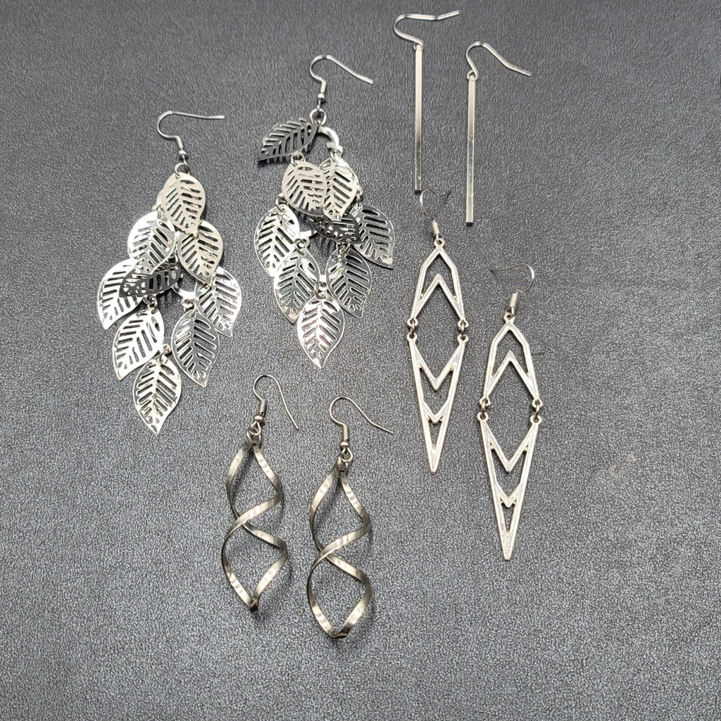 Lot of 4 Pierced Earrings Silver tone Dangle Statement