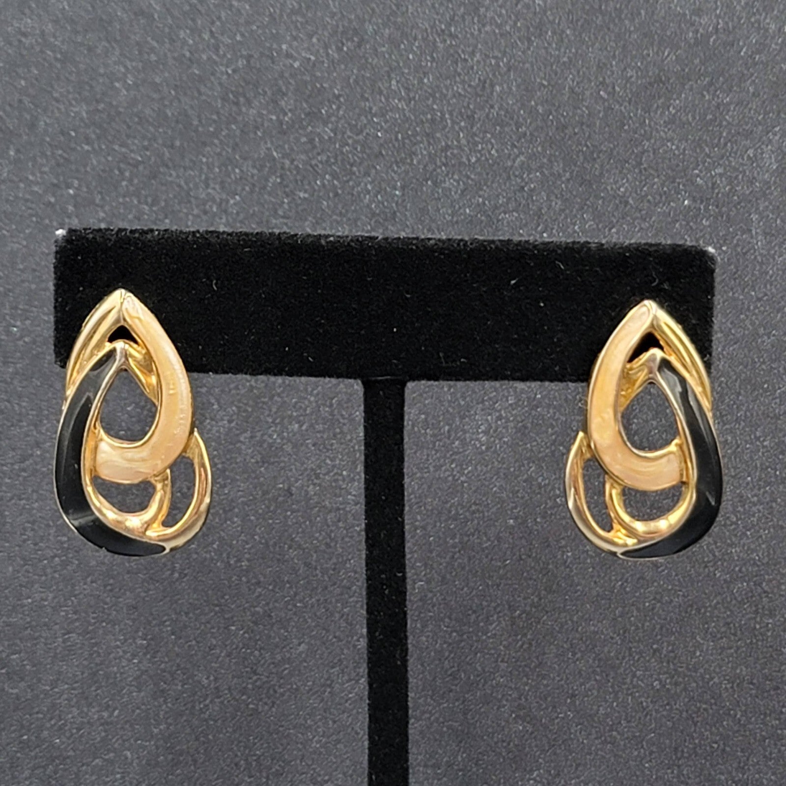 Vintage Pierced Earrings Black Cream Enamel Double Teardrop Drop 1"