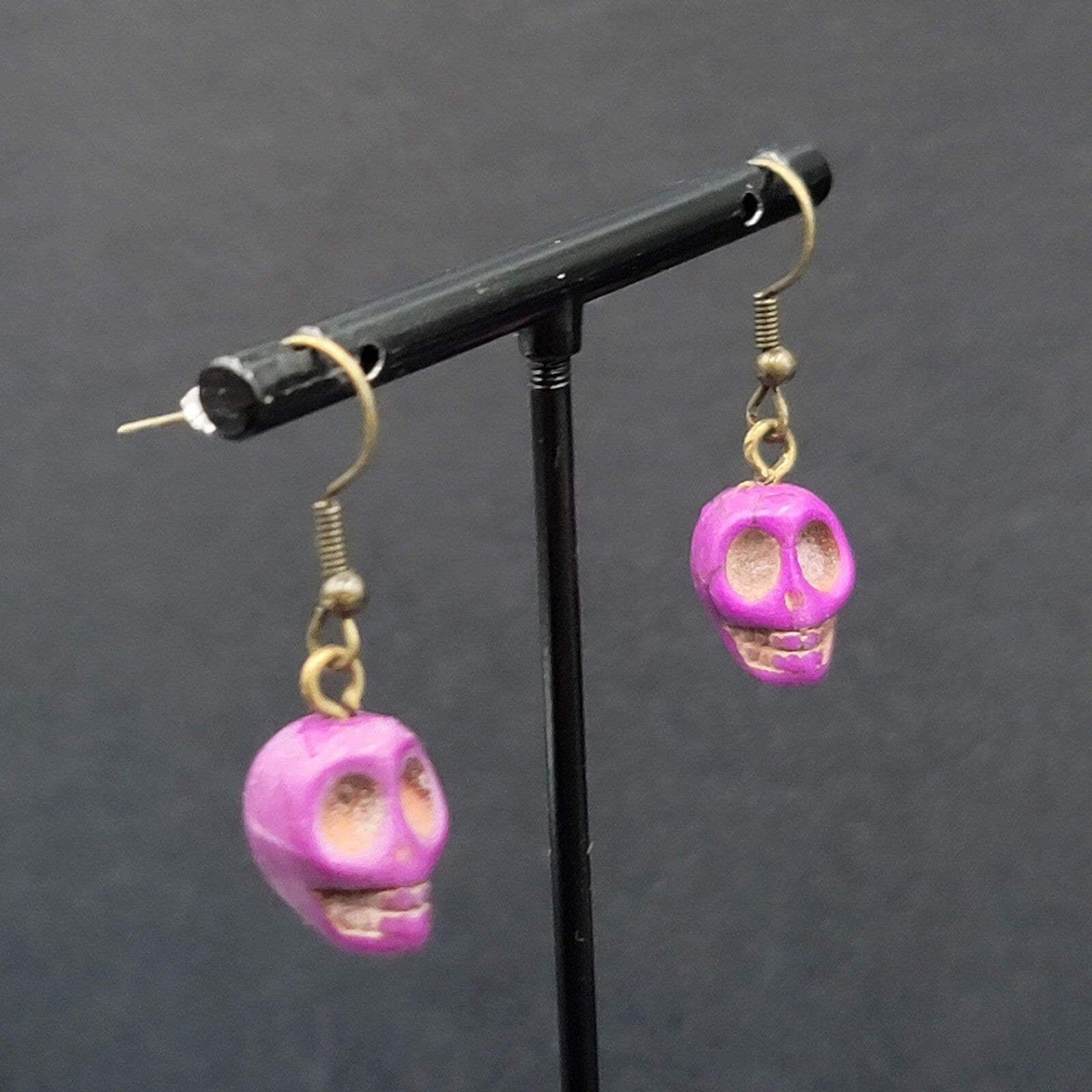 Skull Pierced Earrings Purple Howlite Stone Bead Dangle 3/4"