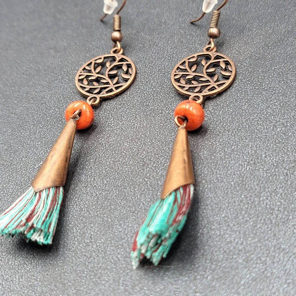 New Boho Pierced Earrings Copper tone Blue Tassel Red Bead Dangle 2.75"