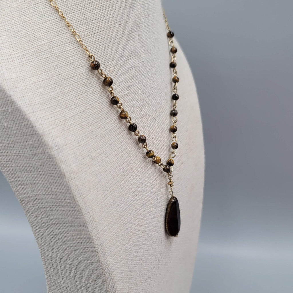 Nygard Tigers Eye Bead Necklace Gold tone Chain 16"-18"