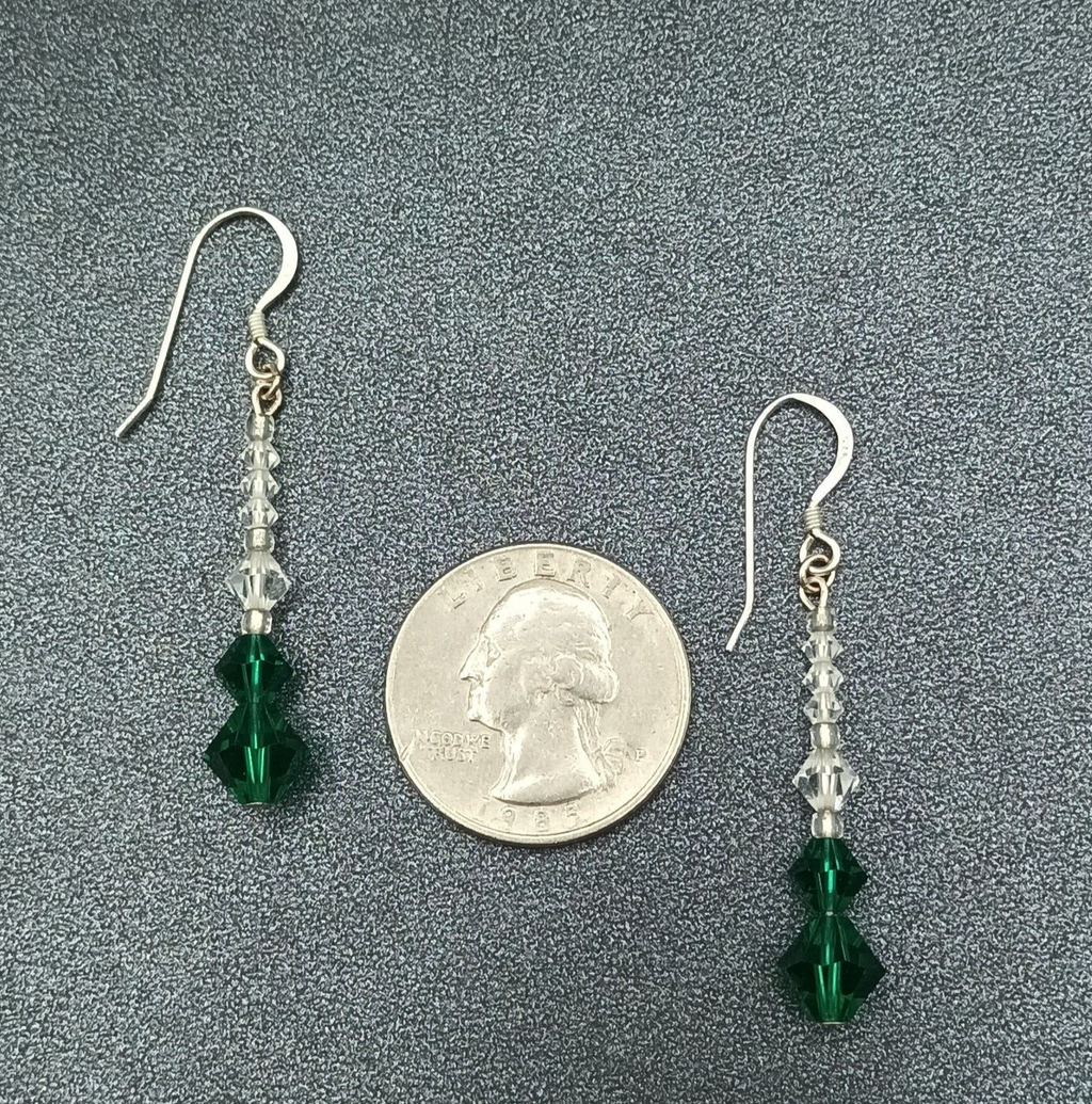 Pierced Earrings Silver tone Hook Faceted Clear Green Beaded Dangle 1 1/4"