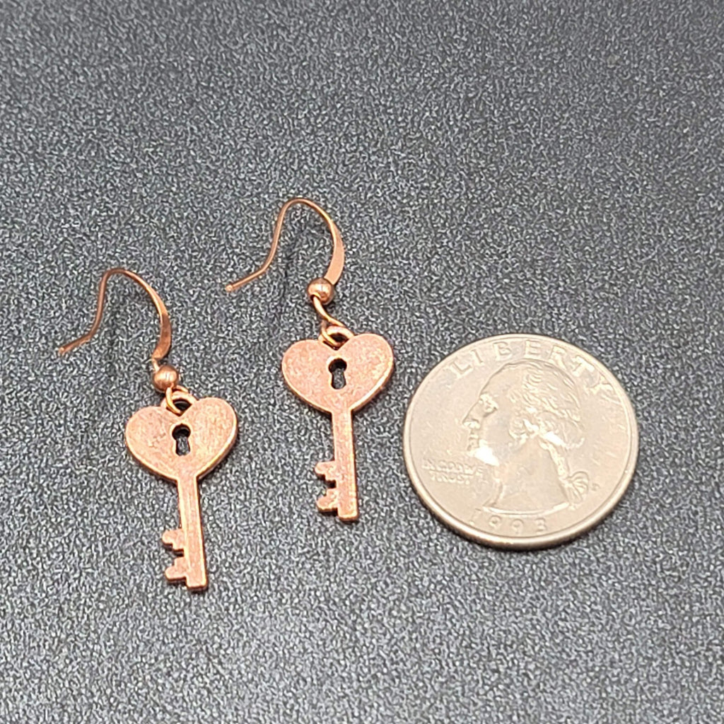 Heart Skeleton Key Pierced Earrings Bright Copper tone Dangle 7/8"