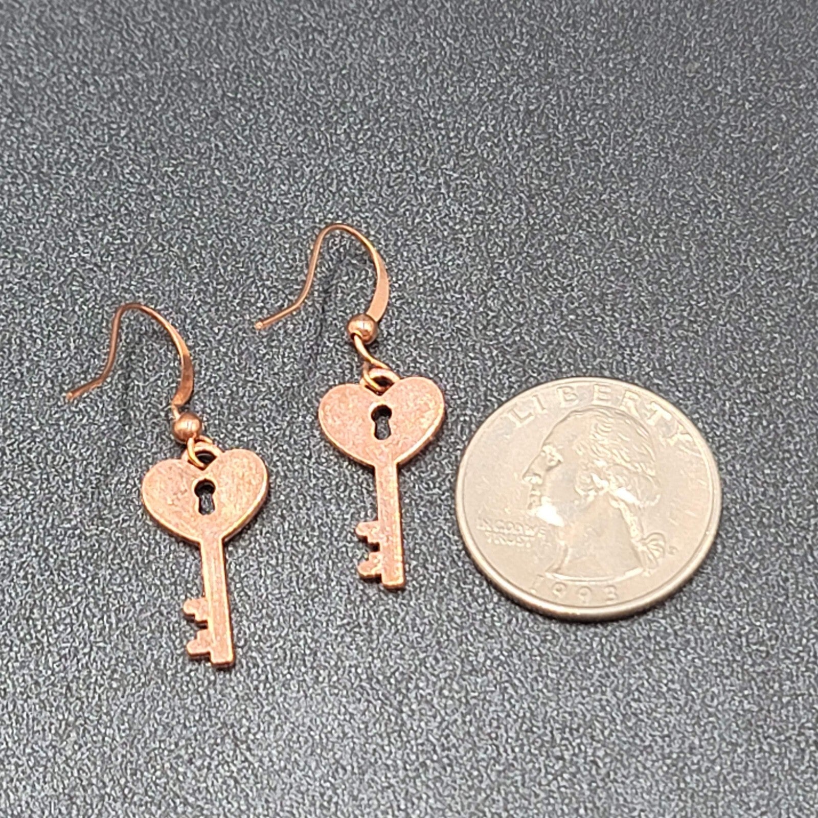 Heart Skeleton Key Pierced Earrings Bright Copper tone Dangle 7/8"