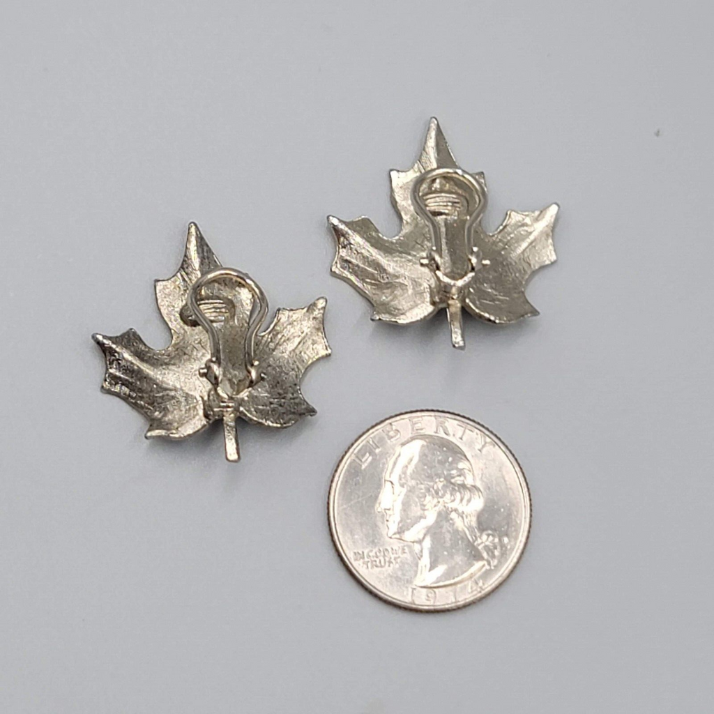Vintage Leaf Clip on Earrings Brushed Textured Silver tone 1.25"