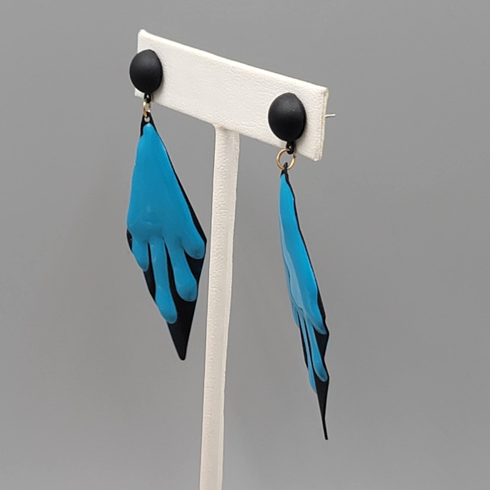 Vintage Black Blue Enamel Pierced Earrings Statement Dangle 2.75"