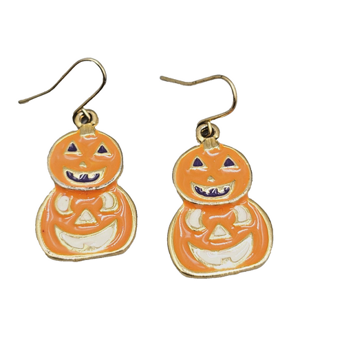 Double Pumpkin Jack o lantern Pierced Earrings Gold tone Enamel Dangle 1"