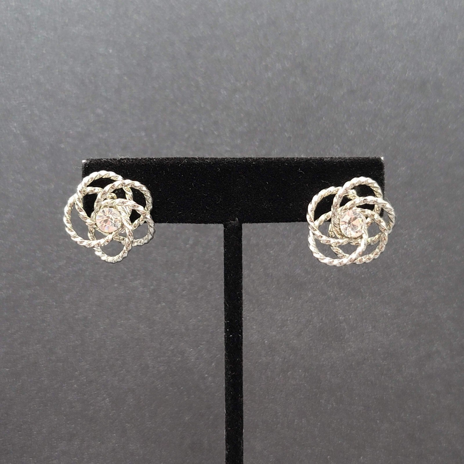 Vintage Pierced Earrings Silver tone Wire Knot Studs Rhinestone Center 3/4"