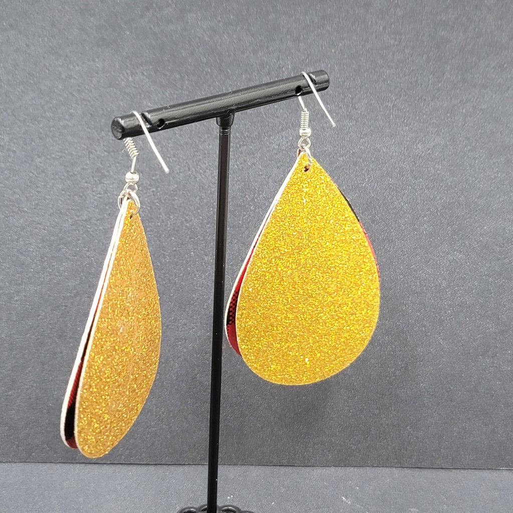 Pierced Earrings Faux Leather Gold Glitter Tree Red Plaid Silvertone Dangle 2.5"