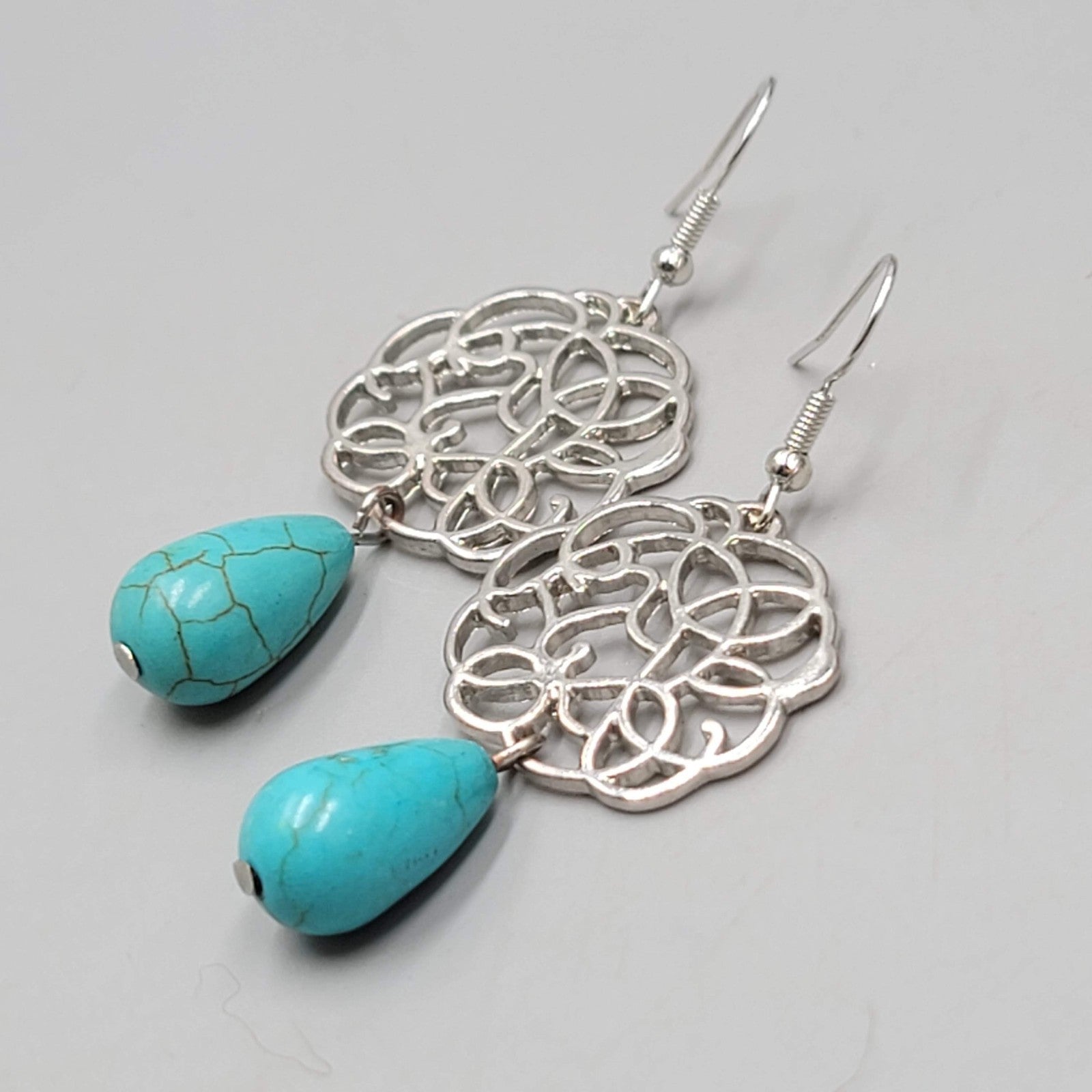 Silver tone Dangle Pierced Earrings Blue Howlite Teadrop 1 5/8"