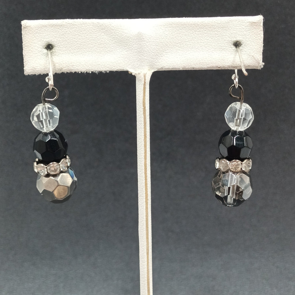 Pierced Earrings Faceted Glass Beaded Silver tone Rhinestone Dangle 1 1/4"