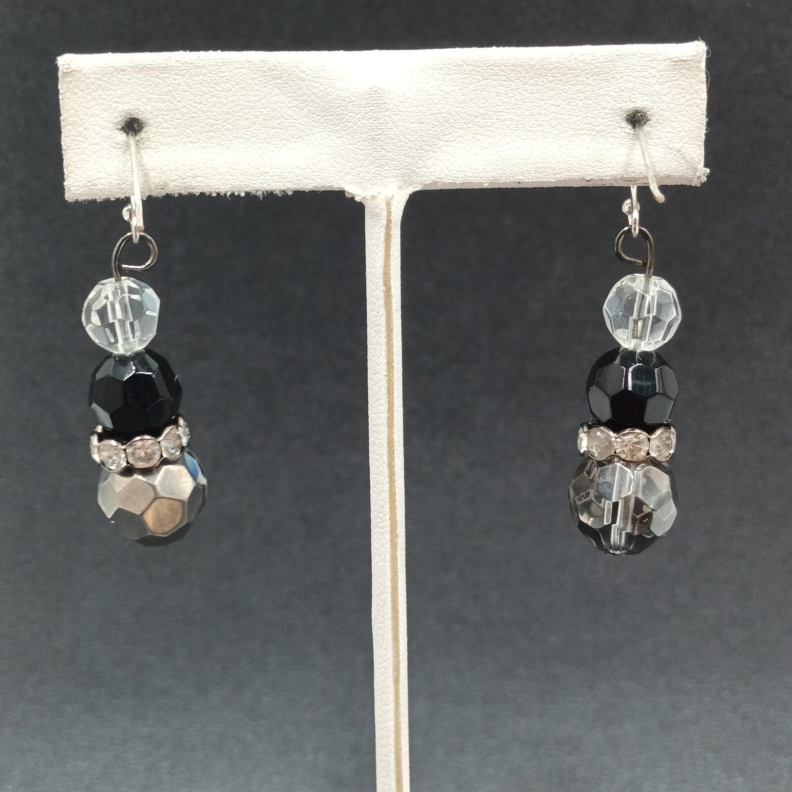 Pierced Earrings Faceted Glass Beaded Silver tone Rhinestone Dangle 1 1/4"