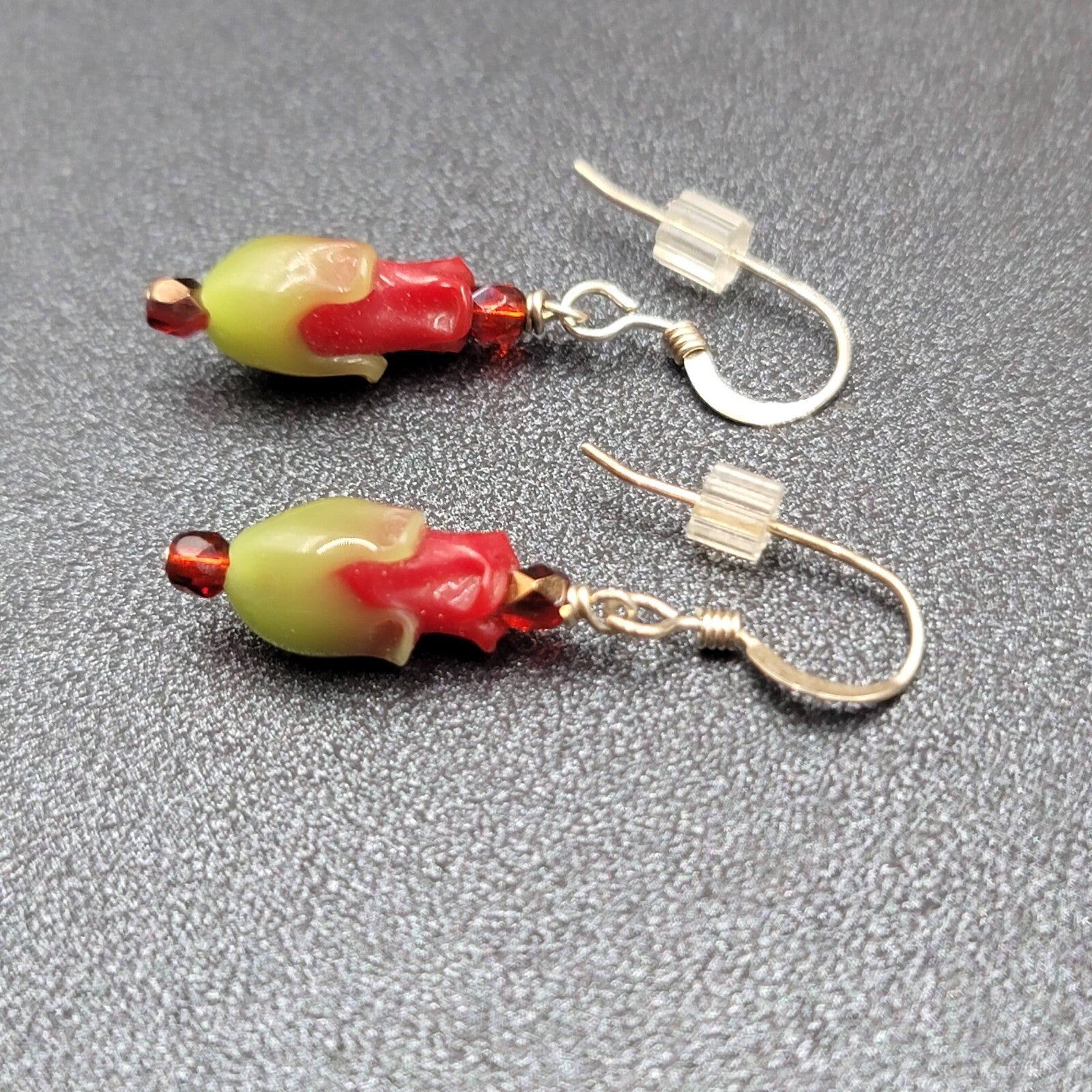 Sterling Silver Pierced Earrings Red Green Glass Tulip Flower Dangle 3/4" 925