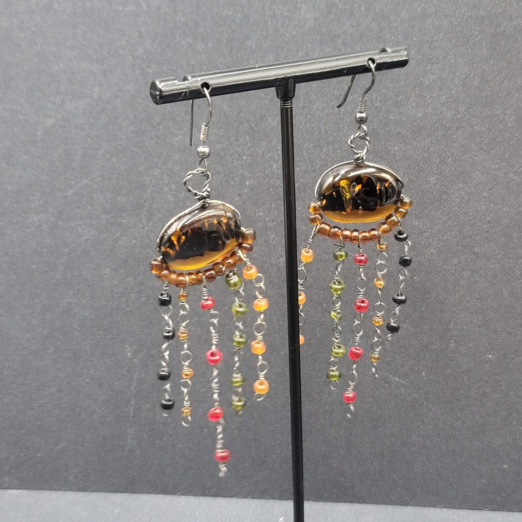Boho Pierced Earrings Multi color Glass Beads Unusual Dangle Chains 2.75"