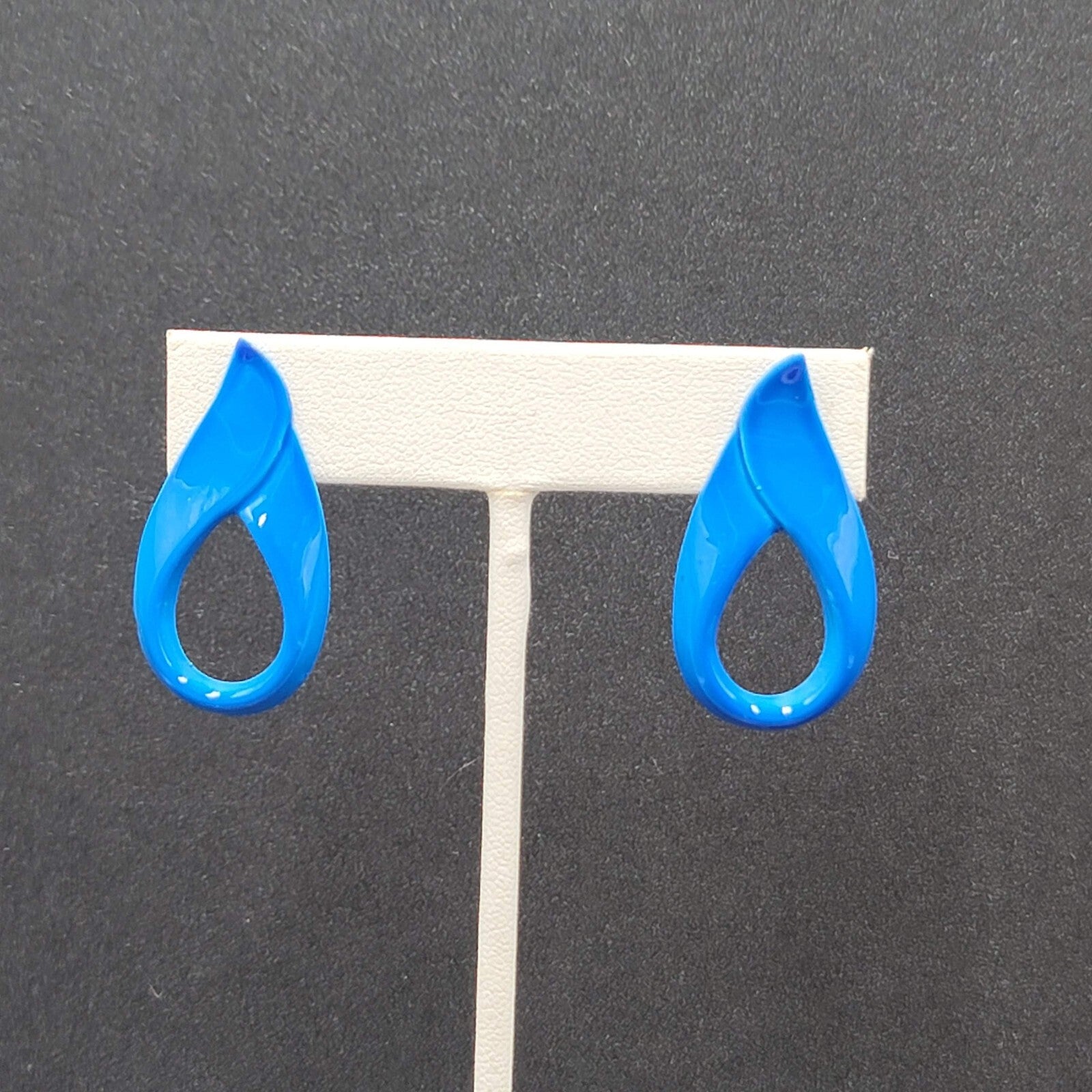 Vintage Pierced Earrings Blue Enamel over Metal Open Teardrop 1 3/8"